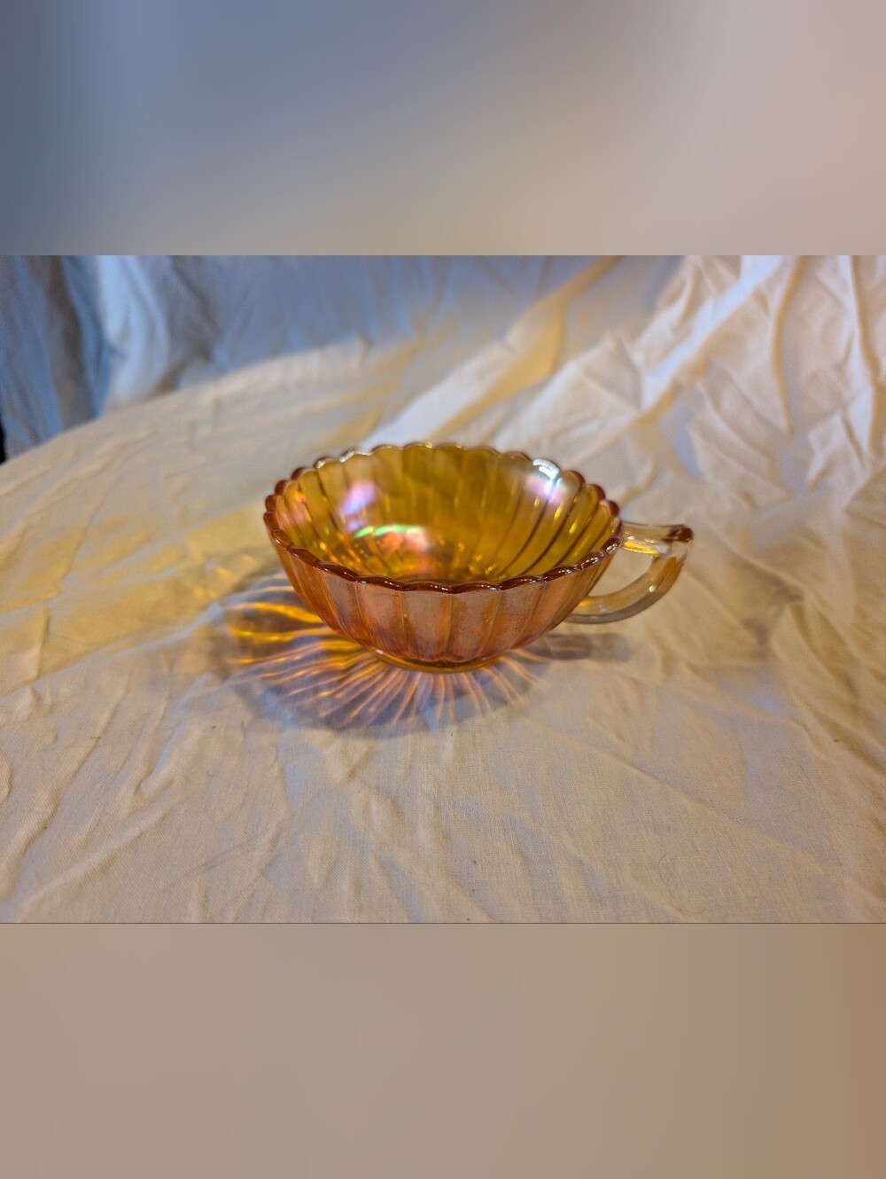 2/20$ Vintage Orange Iridescent Glass Scalloped Bowl with Handle